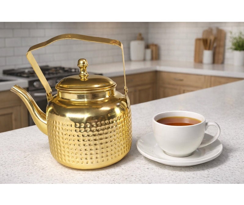 Royal Premium Stainless Steel Dotted Gold Kettle – 1 Liter | Elegant 16x12 cm Tea & Coffee Pot - Image 1